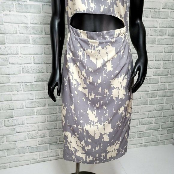 Karen Zambos Size M Rhys Grey Ivory Printed Crepe Cutout Sheath Dress - Picture 4 of 12
